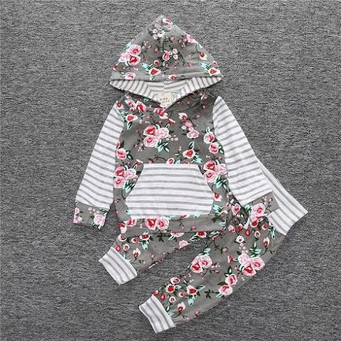 2-Piece Set Gray Floral - Hoody & Pants Together - Children Baby Clothing 18M - Serene Parents