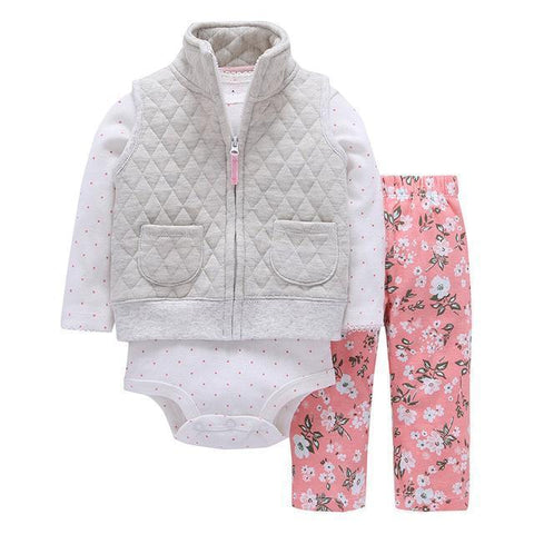 3-Piece Set - Gray Fleece Sweat Pants Rose Floral & Body White Together - Children Baby Clothing 9M - Serene Parents