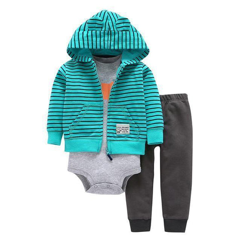 3-Piece Set - Hoody Blue Striped Pants Gray & Body Gray Together - Children Baby Clothing 9M - Serene Parents