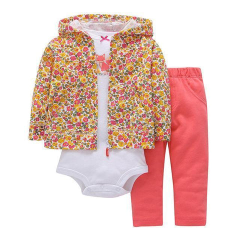3-Piece Set - Hoody Floral Pants Rose & White Body Together - Children Baby Clothing 9M - Serene Parents