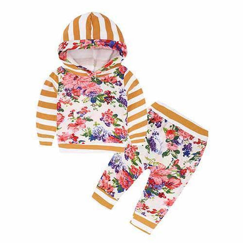 2-Piece Set Pieces Floral Stripes Oranges - Hoody & Pants Together - Children Baby Clothing 18M - Serene Parents