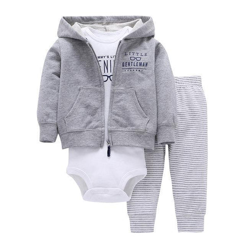 3-Piece Set - Gray Hoody Gray Striped Pants & Body White Together - Children Baby Clothing 9M - Serene Parents