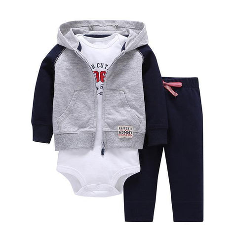 3-Piece Set - Gray Hoody Pants Blue & White Body Together - Children Baby Clothing 9M - Serene Parents