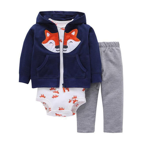 3-Piece Set - Hoody Fox Blue, Gray Trousers & Body White Fox Together - Children Baby Clothing 6M - Serene Parents