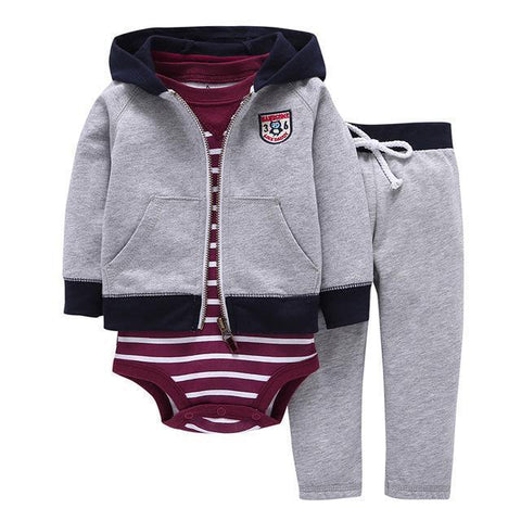 3-Piece Set - Hoody Gray Pants Gray & Body Striped Bordeaux Together - Children Baby Clothing 9M - Serene Parents