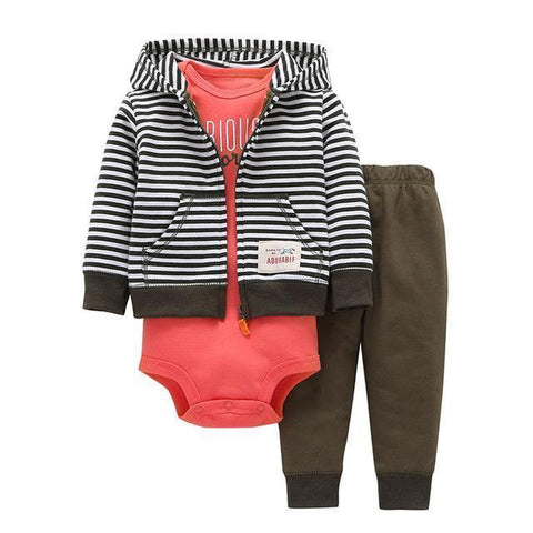 3-Piece Set - Hoody Striped Pants Khaki & Body Rose Together - Children Baby Clothing 9M - Serene Parents