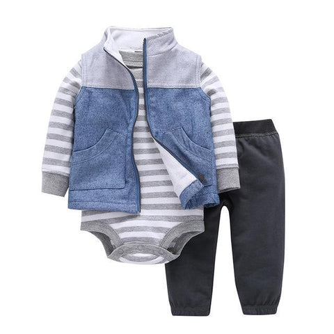 3-Piece Set - Jacket Sleeves Jean Pants Black & Gray Striped Body Together - Children Baby Clothing 9M - Serene Parents