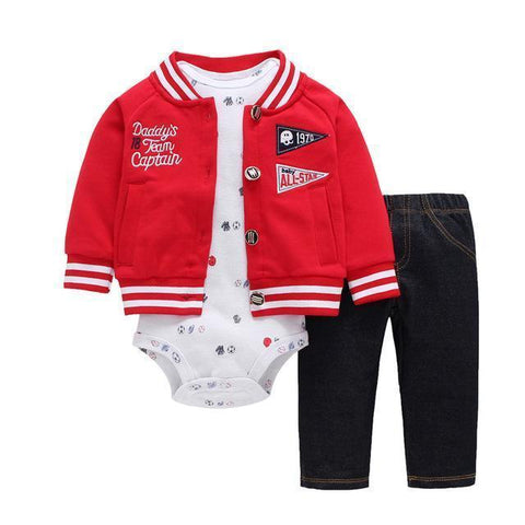3-Piece Set - Jacket Teddy Red Pants Jean & Body White Together - Children Baby Clothing 9M - Serene Parents