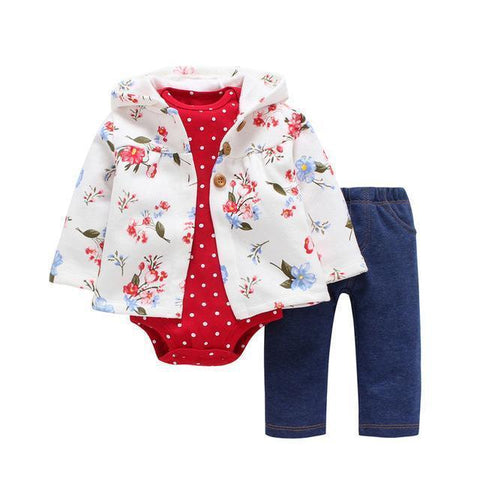 3-Piece Set - White Flower Jacket, Pants Blue & Body Red Together - Children Baby Clothing 6M - Serene Parents